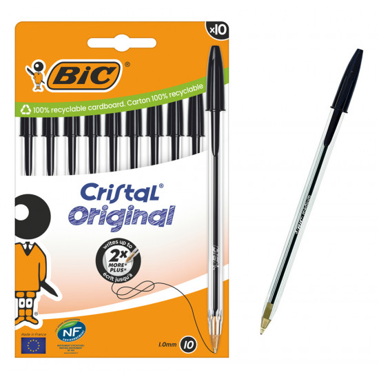 BIC στυλό διαρκείας ballpoint Cristal Original, 1.0mm μύτη, μαύρο, 10τμχ