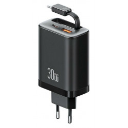 USAMS φορτιστής τοίχου CC296 με καλώδιο, USB & USB-C, 30W, μαύρος