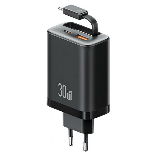 USAMS φορτιστής τοίχου CC296 με καλώδιο, USB & USB-C, 30W, μαύρος