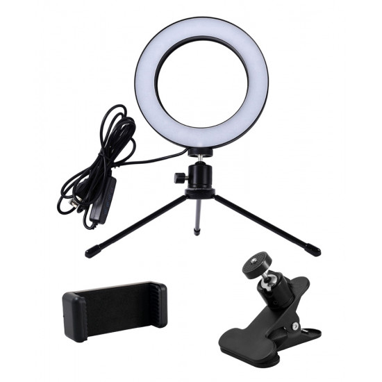 CABLETIME φωτιστικό δαχτυλίδι LED CT-LRL6-PB με μίνι τρίποδα & σφιγκτήρα, βάση smartphone, Φ16cm