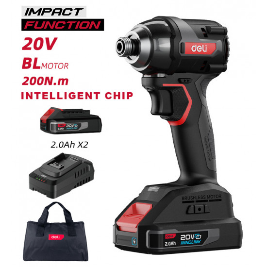 DELI παλμικό κατσαβίδι μπαταρίας DE-QZ20-1D2, Brushless, 20V, 2x 2Ah, 200N.m