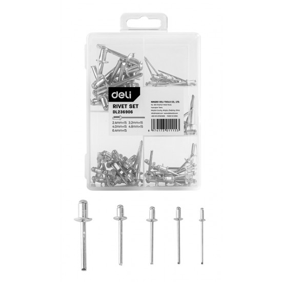 DELI σετ πριτσίνια DL236906, χάλυβας άνθρακα, 2.4-6.4mm, 75τμχ