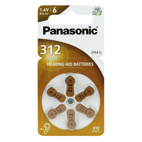 PANASONIC μπαταρίες ακουστικών βαρηκοΐας PR312, mercury free, 1.4V, 6τμχ