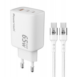 POWERTECH φορτιστής τοίχου PT-1415 με καλώδιο, USB/2x USB-C, 65W, GaN, λευκός