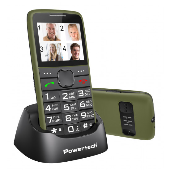 POWERTECH κινητό τηλέφωνο Sentry Eco V2, dual SIM, πλήκτρο SOS, χακί