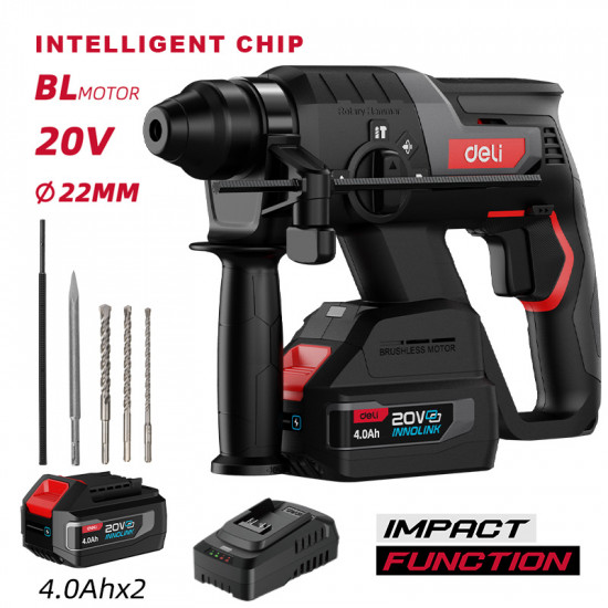 DELI κρουστικό σκαπτικό μπαταρίας DE-DC20-2D4, Brushless, 20V, 2x 4Ah, 2J