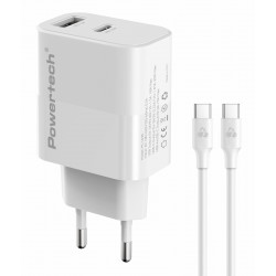 POWERTECH φορτιστής τοίχου PT-1635 με καλώδιο, USB/USB-C, 20W, λευκός
