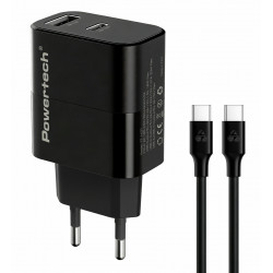 POWERTECH φορτιστής τοίχου PT-1637 με καλώδιο, USB/USB-C, 20W, μαύρος