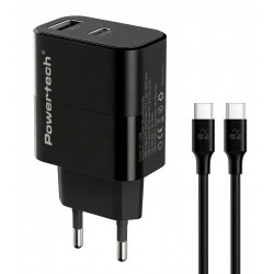 POWERTECH φορτιστής τοίχου PT-1638 με καλώδιο, USB/USB-C, 30W, GaN, μαύρος
