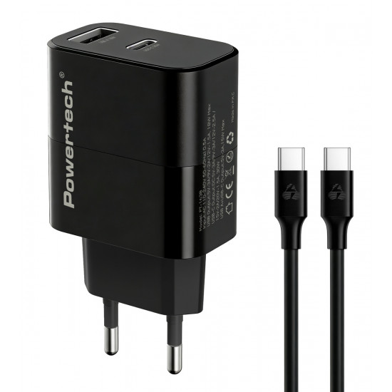 POWERTECH φορτιστής τοίχου PT-1638 με καλώδιο, USB/USB-C, 30W, GaN, μαύρος