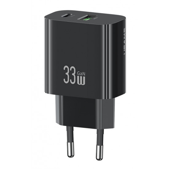 USAMS φορτιστής τοίχου CC317, USB & USB-C, 33W, GaN, μαύρος