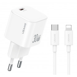 USAMS φορτιστής τοίχου CC262 με καλώδιο Lightning, 30W, GaN, λευκός