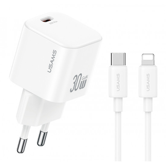 USAMS φορτιστής τοίχου CC262 με καλώδιο Lightning, 30W, GaN, λευκός