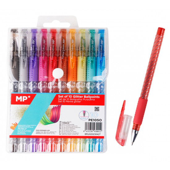 MP σετ στυλό διαρκείας ballpoint PE105O με glitter, 0.9mm, διάφορα χρώματα, 10τμχ