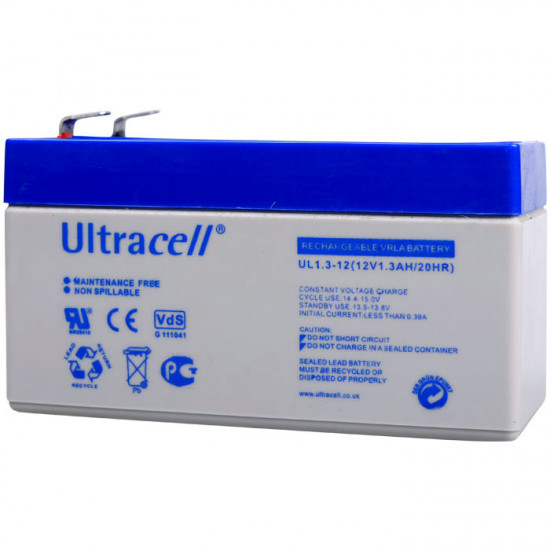 ULTRACELL 12V 1.3AH Μπαταρία μολύβδου 12V 1.3Ah    Διαστάσεις:  - μήκος: 9,7 cm  - πλάτος: 4,5 cm  - ύψος: 5,7 cm  - Τύπος Terminal: F1 - ULTRACELL