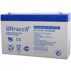 ULTRACELL 6V 7AH Μπαταρία μολύβδου 6V 7Ah    Διαστάσεις:  - μήκος: 15.1 cm  - πλάτος: 3,4 cm  - ύψος: 9,4 cm  - Τύπος Terminal: F1 - ULTRACELL