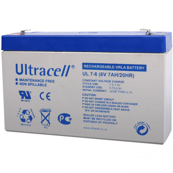 ULTRACELL 6V 7AH Μπαταρία μολύβδου 6V 7Ah    Διαστάσεις:  - μήκος: 15.1 cm  - πλάτος: 3,4 cm  - ύψος: 9,4 cm  - Τύπος Terminal: F1 - ULTRACELL