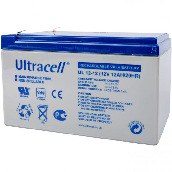 ULTRACELL 12V 12AH Μπαταρία μολύβδου 12V 12Ah    Διαστάσεις:  - μήκος: 15.1 cm  - πλάτος: 9.8 cm  - ύψος: 9,5 cm  - Τύπος Terminal: F1 - ULTRACELL