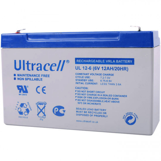 ULTRACELL 6V 12AH Μπαταρία μολύβδου, 6V 12Ah    Διαστάσεις:  - μήκος: 15.1 cm  - πλάτος: 5.1 cm  - ύψος: 9,4 cm  - Τύπος Terminal: F1 - ULTRACELL