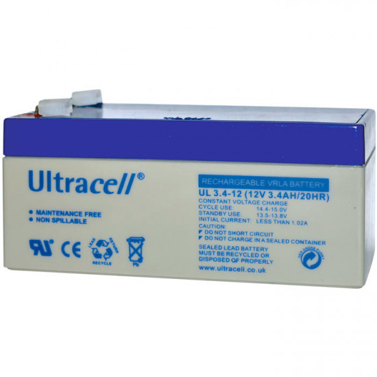ULTRACELL 12V 3.4AH Μπαταρία μολύβδου 12V 3.4Ah    Διαστάσεις:  - μήκος: 13,4 cm  - πλάτος: 6,7 cm  - ύψος: 6.1 cm  - Τύπος Terminal: F1 - ULTRACELL