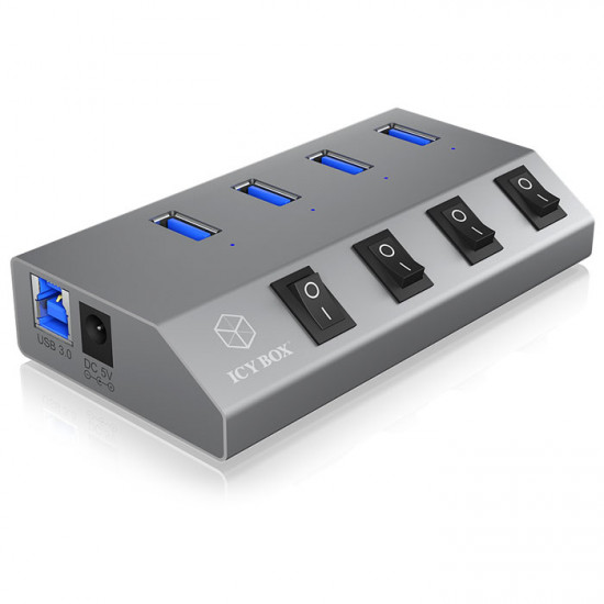 ICY BOX IB-HUB1405 2 σε 1, USB 3.0 Hub αλουμινίου 4 θυρών και universal φορτιστής USB, με 4 διακόπτες ON/OFF. - ICY BOX