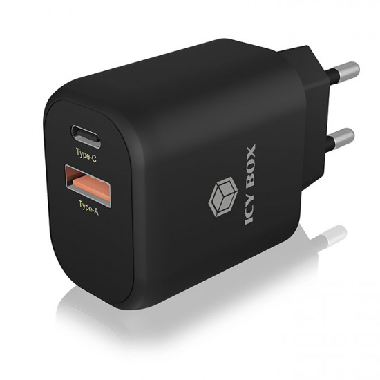 ICY BOX IB-PS102-PD Universal φορτιστής με 2 εξόδους USB-A & USB-C, 3.0A, για συσκευές έως 20W σε μαύρο χρώμα. - ICY BOX