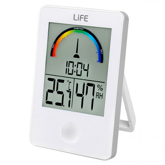 LiFE iTEMP White Ψηφιακό θερμόμετρο / υγρόμετρο εσωτερικού χώρου με ρολόι και έγχρωμη απεικόνιση επιπέδου υγρασίας, σε λευκό χρώμα. - LiFE