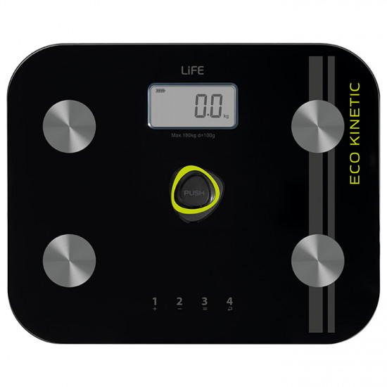 LiFE KINETIC Battery-free γυάλινη ψηφιακή ζυγαριά μπάνιου με λιπομέτρηση, 6 σε 1. - LiFE