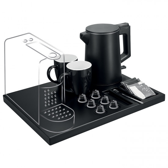 LiFE GRAND WELCOME BLACK WOOD XL Δίσκος καλωσορίσματος από ξύλο δρυός σε μαύρο χρώμα, με βραστήρα 0.8L, 1300W, 2 κούπες και θέση για μηχανή espresso - LiFE