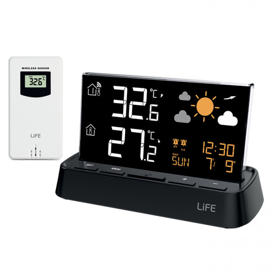 LiFE AMALFI Μετεωρολογικός σταθμός με frameless οθόνη, ρολόι/ξυπνητήρι και ασύρματο εξωτερικό αισθητήρα - LiFE
