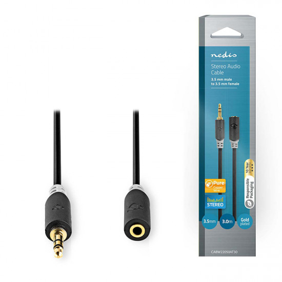 NEDIS CABW22050AT30 Καλώδιο προέκτασης ήχου 3,5mm Stereo αρσ. - 3,5mm Stereo θηλ., σε συσκευασία blister, 3m. - NEDIS