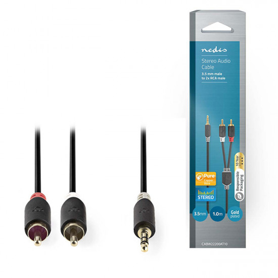 NEDIS CABW22200AT10 Καλώδιο 2x RCA αρσ. - 3,5mm Stereo αρσ, 1m. - NEDIS