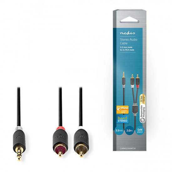 NEDIS CABW22200AT20 Καλώδιο 2x RCA αρσ. - 3,5mm Stereo αρσ, 2m. - NEDIS