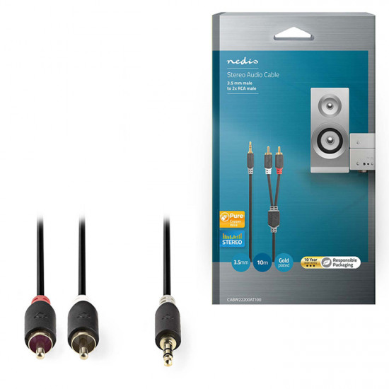 NEDIS CABW22200AT100 Καλώδιο 2x RCA αρσ. - 3,5mm Stereo αρσ, 10m. - NEDIS