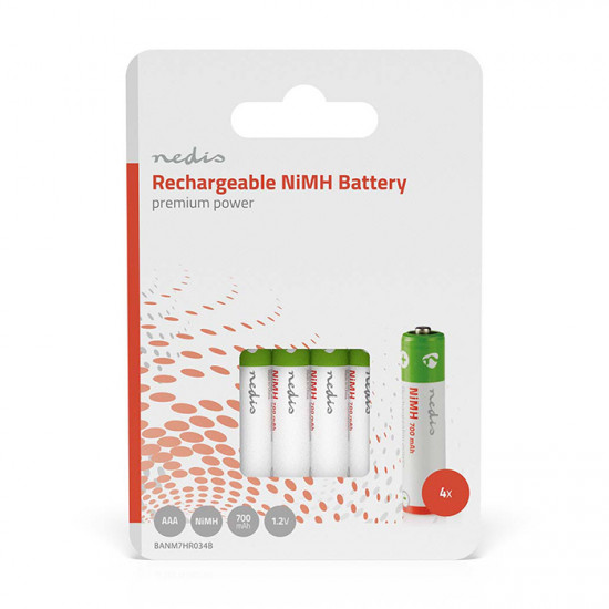 NEDIS BANM7HR034B Επαναφορτιζόμενη μπαταρία ΑΑΑ Νi-MH 700 mAh 1.2V Ready to use σε blister 4 μπαταριών. - NEDIS