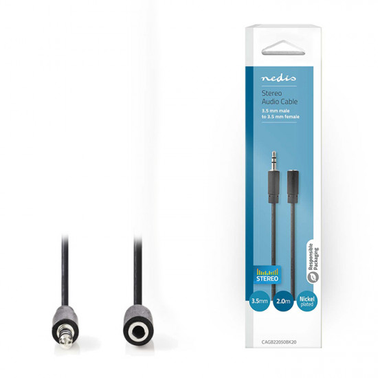 NEDIS CAGB22050BK20 Καλώδιο προέκτασης ήχου 3,5mm Stereo αρσ. - 3,5mm Stereo θηλ., 2m. - NEDIS