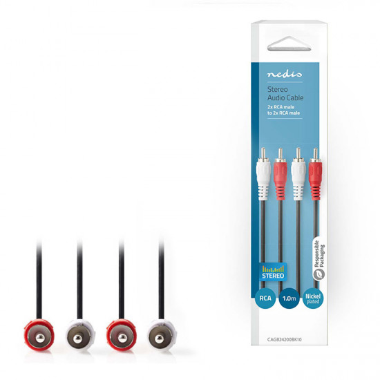 NEDIS CAGB24200BK10 Καλώδιο 2x RCA αρσ. - 2x RCA αρσ., 1m. - NEDIS