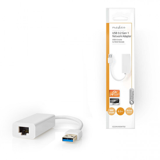 NEDIS CCGP61950WT02 Αντάπτορας δικτύου USB 3.0, USB A αρσ. - RJ45 θηλ., με ενσωματωμένο καλώδιο 0,20m. - NEDIS