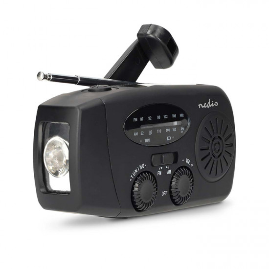 NEDIS RDFMCR2000BK Επαναφορτιζόμενο, αναλογικό AM / FM ραδιόφωνο έκτακτης ανάγκης με ηλιακό πάνελ, μανιβέλα χειρός, φακό και powerbank. - NEDIS