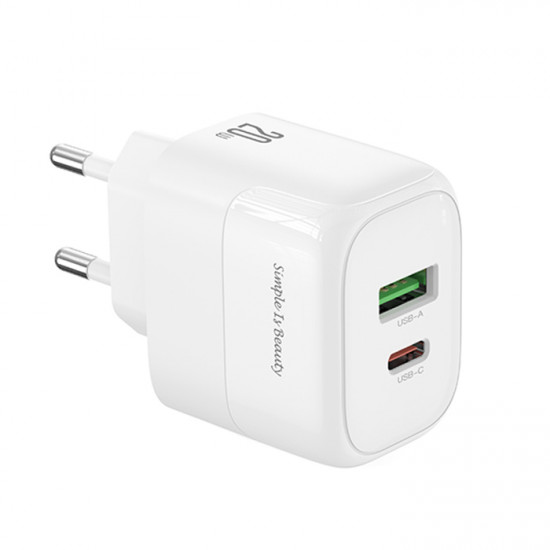XO L137 (EU) PD20W / QC18W  (1 USB-A+1 USB-C) FAST CHARGING CHARGER Universal φορτιστής με 2 εξόδους 1xUSB-A & 1xUSB-C, PD20 & QC18W σε λευκό χρώμα - XO