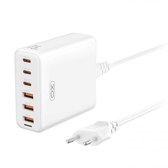XO L133 (EU) 75W GAN 3A + 3C FAST CHARGER WITH 1.5m POWER CORD Universal φορτιστής GaN με 6 εξόδους, 3xUSB-C και 3xUSB-A και ενσωματωμένο καλώδιο τροφοδοσίας, 75W - XO