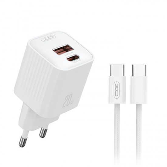 XO L147 Universal φορτιστής PD20W με 2 εξόδους 1xUSB-A & 1xUSB-C και αποσπώμενο καλώδιο USB type-C,  σε λευκό χρώμα - XO