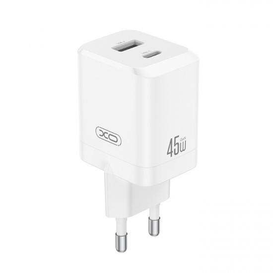 XO CE36 Universal φορτιστής GaN με 2 εξόδους 1xUSB-A & 1xUSB-C, PD45W σε λευκό χρώμα - XO