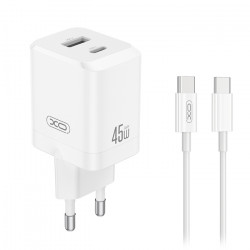XO CE36 Universal φορτιστής GaN με 2 εξόδους 1xUSB-A & 1xUSB-C, PD45W και αποσπώμενο καλώδιο USB type-C σε λευκό χρώμα - XO