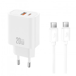 XO CE40 WITH TYPE-C CABLE Universal φορτιστής με 2 εξόδους, 1x USB-A & 1x USB-C, 20W με αποσπώμενο καλώδιο USB type-C σε λευκό χρώμα - XO