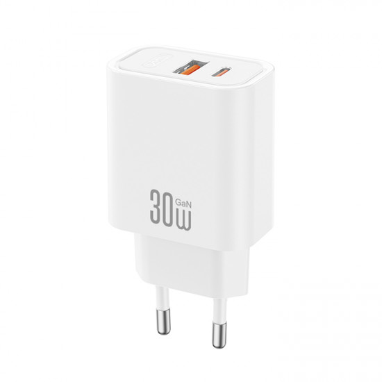 XO CE42 Universal φορτιστής GaN με 2 εξόδους 1xUSB-A & 1xUSB-C, PD30W σε λευκό χρώμα - XO