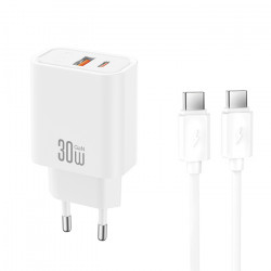 XO CE42 WITH TYPE-C CABLE Universal φορτιστής GaN με 2 εξόδους 1xUSB-A & 1xUSB-C, PD30W και αποσπώμενο καλώδιο USB type-C σε λευκό χρώμα - XO