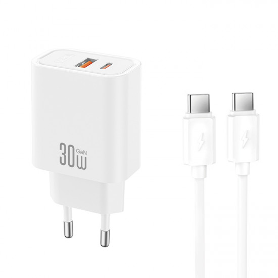 XO CE42 WITH TYPE-C CABLE Universal φορτιστής GaN με 2 εξόδους 1xUSB-A & 1xUSB-C, PD30W και αποσπώμενο καλώδιο USB type-C σε λευκό χρώμα - XO
