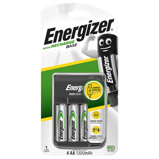 ENERGIZER BASE CHARGER F016742 Φορτιστής μπαταριών AA/AAA Energizer Βase με 4 επαναφορτιζόμενες μπαταρίες ΑΑ και τροφοδοσία μέσω USB. - ENERGIZER