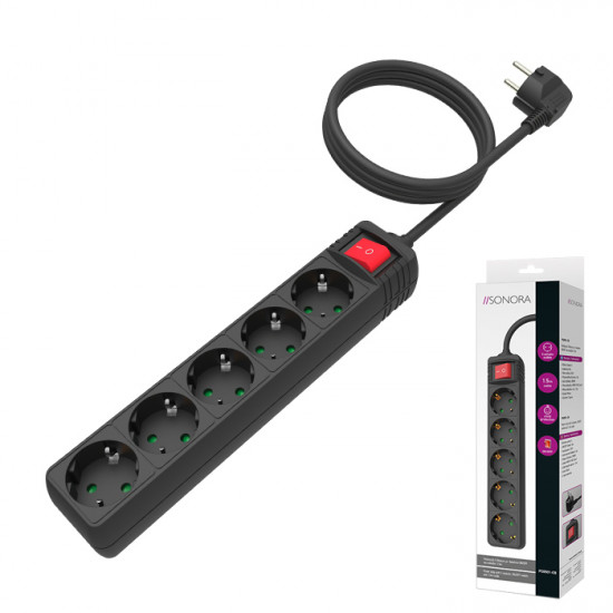 SONORA PSB501-CB Πολύπριζο 5 θέσεων με διακόπτη ON/OFF και καλώδιο 1.5m σε μαύρο χρώμα - SONORA